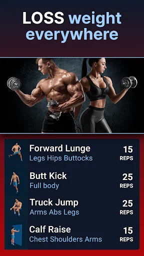 Full body weight loss workout exercises: Forward Lunge, Butt Kick, Truck Jump, Calf Raise