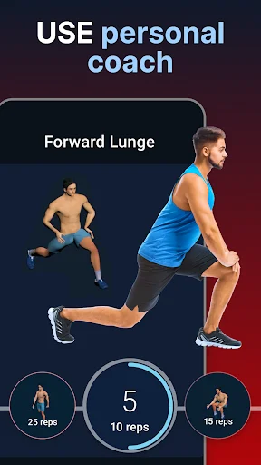 Personal coach form guide for Forward Lunge exercise with demonstration and rep count options