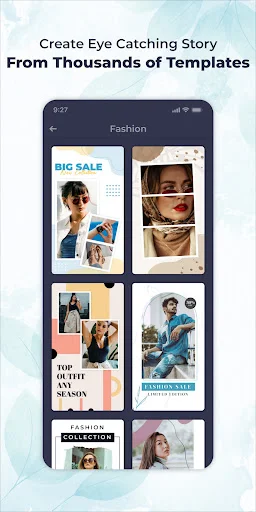 Story Templates app gallery displaying browsable Fashion category templates for creating eye-catching Instagram and Facebook stories from thousands of design options
