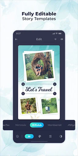 Editable story template showing photo collage layout with Let's Travel text and bottom editing toolbar for customizing fonts, colors, and design elements