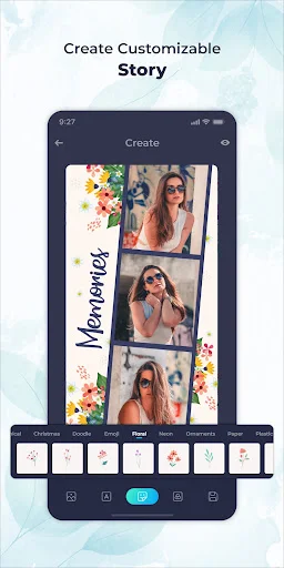Story creation screen showing customizable photo collage with November text and decorative flower stickers in the design elements toolbar for personal styling