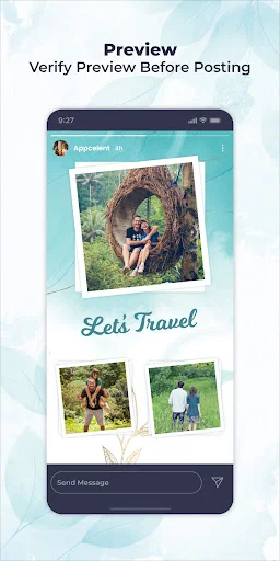 Story preview screen displaying final Let's Travel design with photo collage layout before posting to Instagram stories with Send Message sharing option
