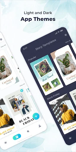 Story Templates app interface comparison showing light theme and dark theme app variations for customizing visual appearance and readability preferences