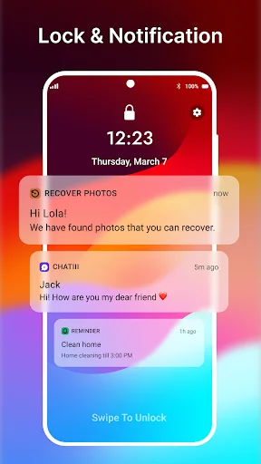 Lock screen showing 12:23 with stacked notifications for photos, chat, reminders and swipe to unlock gesture
