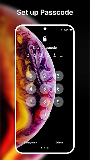 Passcode setup interface with numeric keypad 0-9, emergency and delete buttons for lock screen security configuration