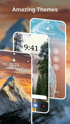 Aesthetic lock screen theme previews in stacked layout showing landscape, nature, and stylized wallpaper design options