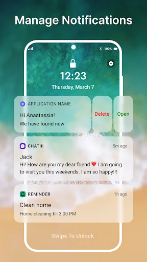 Lock screen notifications management with 12:23 display showing notification cards with delete and open action buttons
