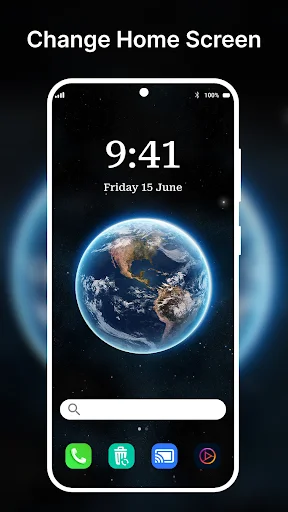 Customizable lock screen with Earth wallpaper, time 9:41, search bar, and app icons for phone, calculator, messages