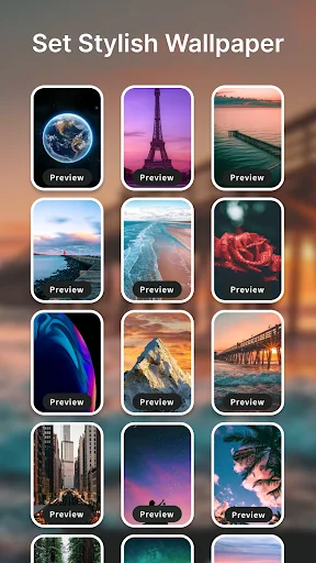 Grid of 12 aesthetic wallpaper previews including Earth, Eiffel Tower, sunset, mountains, roses, and neon designs