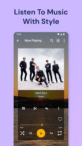 JukeBox Music Player now playing screen displaying album artwork, song title 'Hard Soul' by Format, yellow play button, progress bar, and playback controls including skip and favorite options