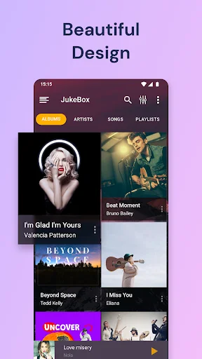 JukeBox Music Player library interface with tabs for Albums, Artists, Songs, and Playlists, showing album cover grid with colorful music artwork and modern minimalist design