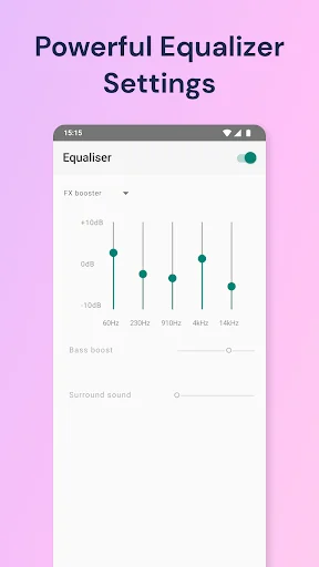 JukeBox Music Player equalizer settings screen featuring interactive frequency sliders at 60Hz, 230Hz, 910Hz, 4kHz, and 14kHz, plus bass boost and surround sound adjustment controls