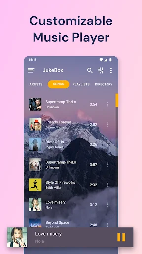 JukeBox Music Player songs list view with album thumbnails, track titles, artist names, song durations, and menu options, organized with tabs for Artists, Songs, Playlists, and Directory