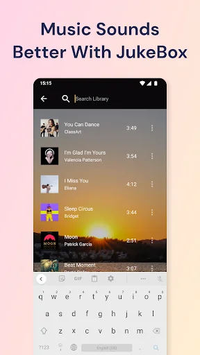 JukeBox Music Player search library interface with search bar, list of songs displaying album artwork thumbnails, artist information, track duration, and onscreen keyboard for music discovery