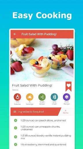 Fruit Salad With Pudding recipe detail page showing ingredients, calories, servings, and cooking time information