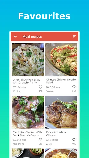 Saved favorite meat recipes grid view showing chicken and crock-pot recipe options with nutritional information