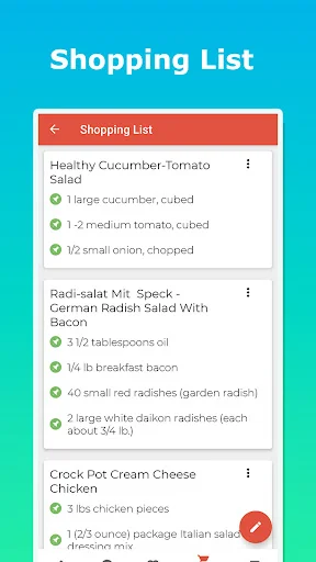 Shopping list interface displaying organized ingredients for multiple recipes with checkboxes and quantities