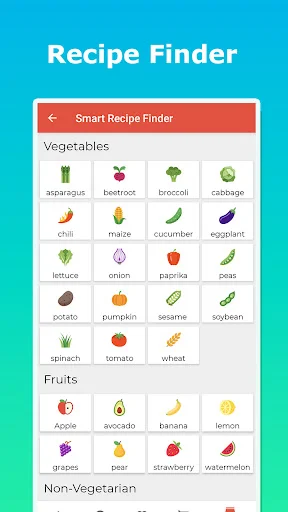 Smart Recipe Finder ingredient selection tool with vegetable, fruit, and non-vegetarian categories for discovery