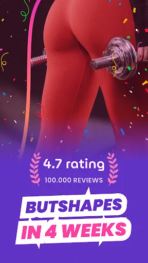 Buttocks & Legs Workout app splash screen: 4.7-star rated home trainer, 100,000 reviews, 4-week buttocks shaping challenge