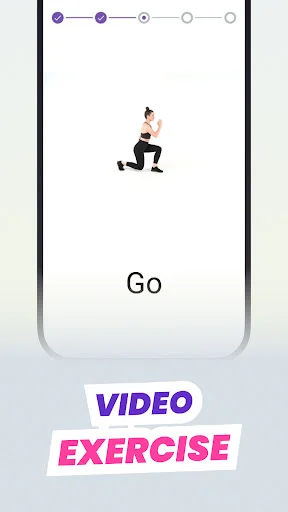 Exercise video tutorial showing squat workout with progress indicator, video exercise button to start home training