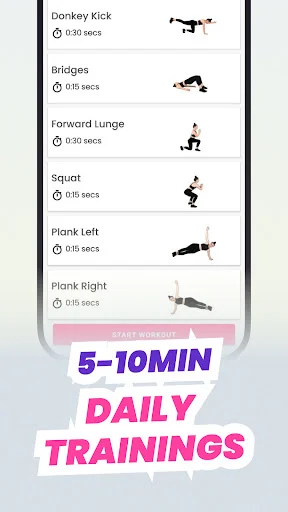 Daily home workout list: Donkey Kick, Bridges, Forward Lunge, Squat, Planks, 5-10 minute buttocks and legs routine