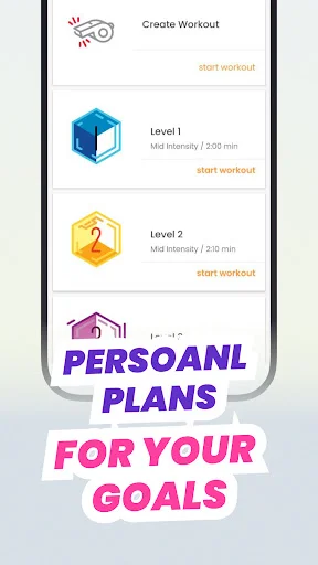 Personalized leg and buttocks workout plans menu: Create Workout, Level 1, Level 2, Level 3 difficulty training options