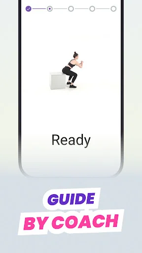 Fitness coaching guide screen: step-up exercise demonstration with progress indicator, Ready button for coached leg training