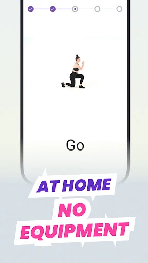 Home workout exercise screen: squat demonstration, Go button, no-equipment required buttocks and legs home training