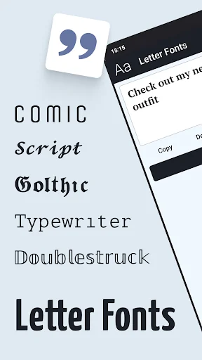 Letter Fonts app showcasing stylish text styles: Comic, Script, Gothic, Typewriter, Doublestruck, and more font options