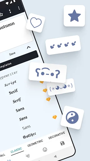 Decorative symbols and icons palette with stars, hearts, and emoji designs for text decoration and personalization