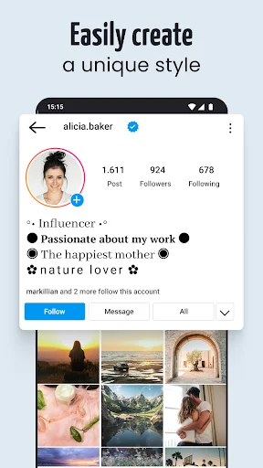 Instagram profile mockup showing stylish text bio created with Letter Fonts app for social media personalization