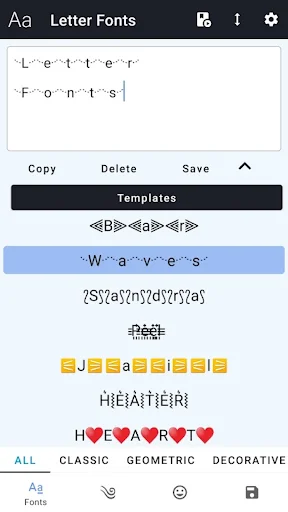 Letter Fonts text converter showing stylish text styles with templates and font categories for text personalization