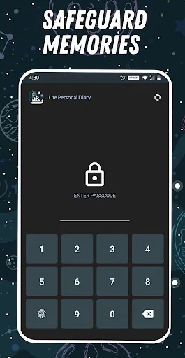 Password-protected diary app with numeric passcode entry screen for securing personal journal memories