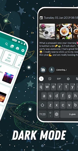 Dark mode journal editing interface with text input, virtual keyboard, and diary entry composition