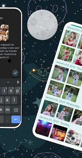 Photo gallery calendar view organizing diary memories by date with thumbnail image collection