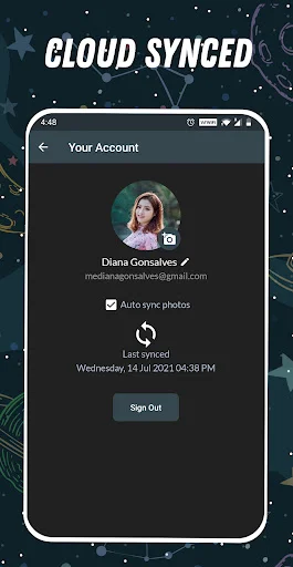 Diary app user account settings with profile details, cloud sync option, and sync timestamp