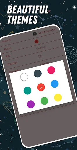Theme customization interface in diary app with multiple colorful theme options to choose from