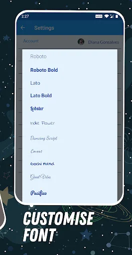 Font customization menu in diary app showing variety of typeface styles for text personalization