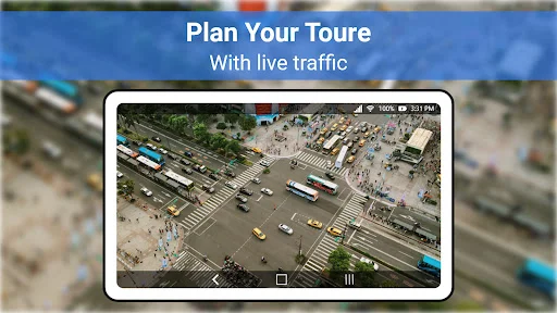 Live traffic 3D aerial view of busy street intersection for route and tour planning