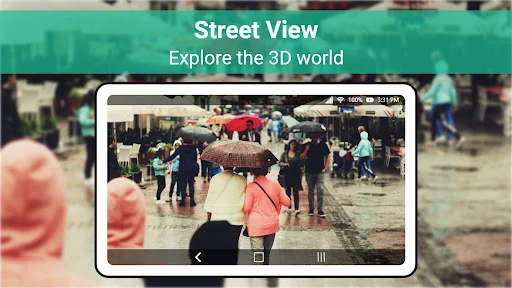 Street View first-person perspective of urban plaza for immersive 3D world exploration