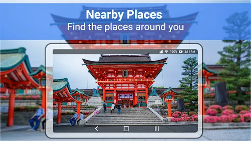 3D view of traditional Japanese temple showing nearby places discovery in maps app