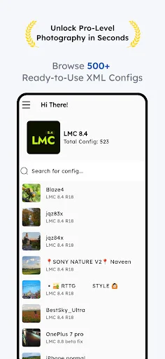 LMC 8.4 app main browse screen showing 525+ ready-to-use XML camera configs with search bar and expandable config list including Blaze4, Jas834, and other camera presets for GCam mod photography.