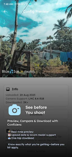 LMC 8.4 config preview screen displaying tropical landscape sample photo with Blue+Ice_J preset, real-time preview, camera model support details, and one-tap download functionality for GCam configs.