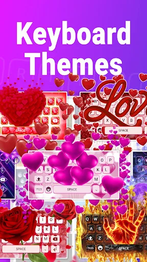 Keyboard Themes app showcase featuring heart, rose, and colorful customizable keyboard theme previews