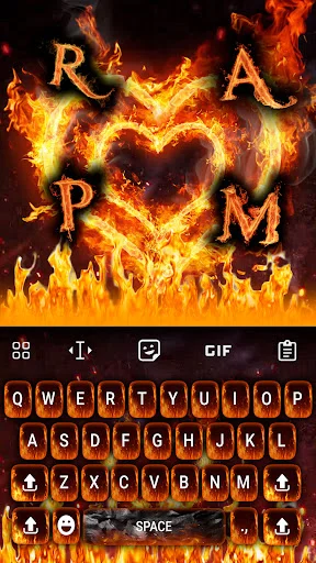 Fire Flame Keyboard Theme displaying golden fire letters RAPM with burning heart center on dark background