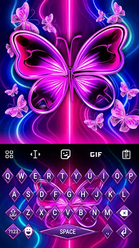 Neon Butterfly Keyboard Theme with bright pink and blue glowing butterflies and purple neon light effects