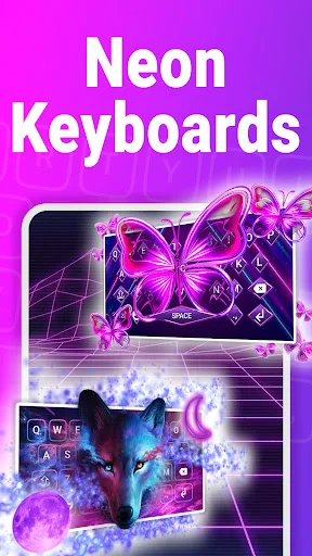 Neon Keyboards personalization gallery showcasing butterfly and cosmic wolf themed keyboard preview designs