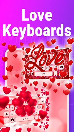 Love Keyboard Theme with red heart decorations, cursive love text, and pink and white romantic keyboard styling