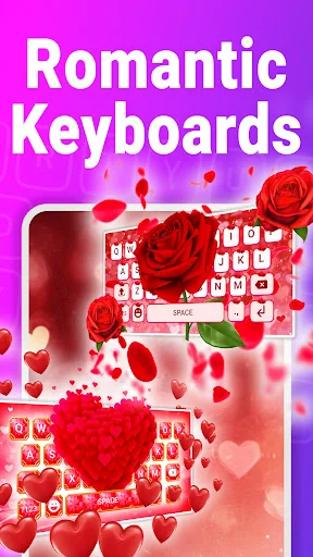 Romantic Keyboard Theme featuring red roses, heart-shaped keys, and elegant pink and white love design
