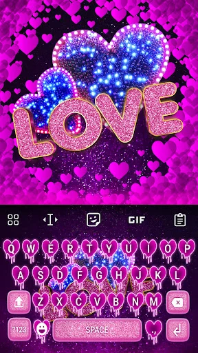 Love-themed keyboard with glowing blue hearts, pink key layout, and custom letter key designs